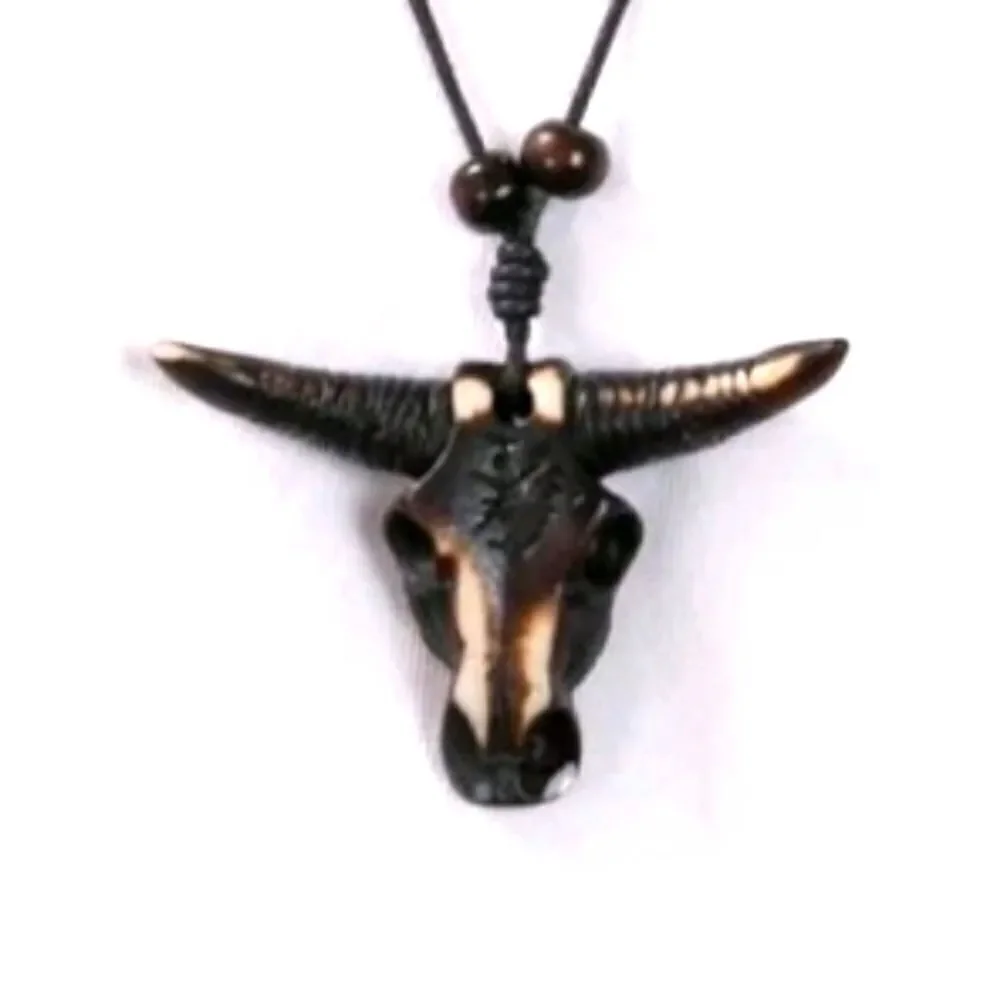Hand CRAFTED UNISEX brown bull head pendant with adjustable necklace